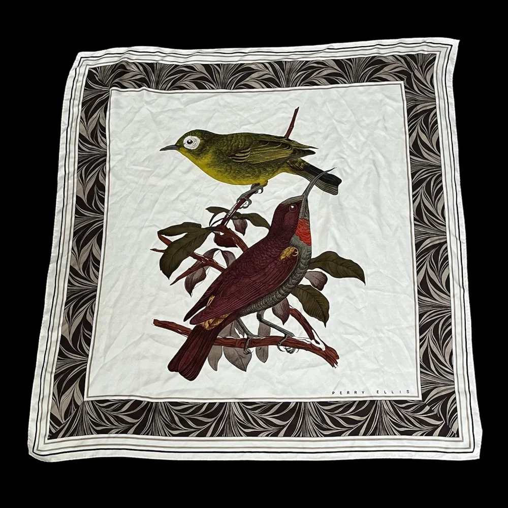 Vintage Perry Ellis Wild Birds Silk Scarf hand rolled edges green red white - Picture 2 of 7